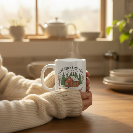 Rustic cabin coffee mug with retro outdoor graphics - 11oz ceramic cup