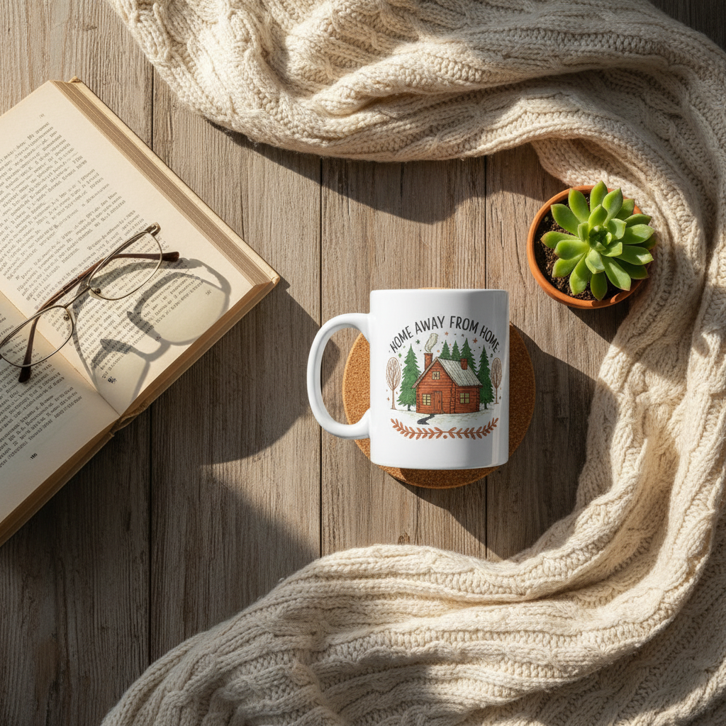 Vintage cabin travel mug with mountain scene - microwave and dishwasher safe