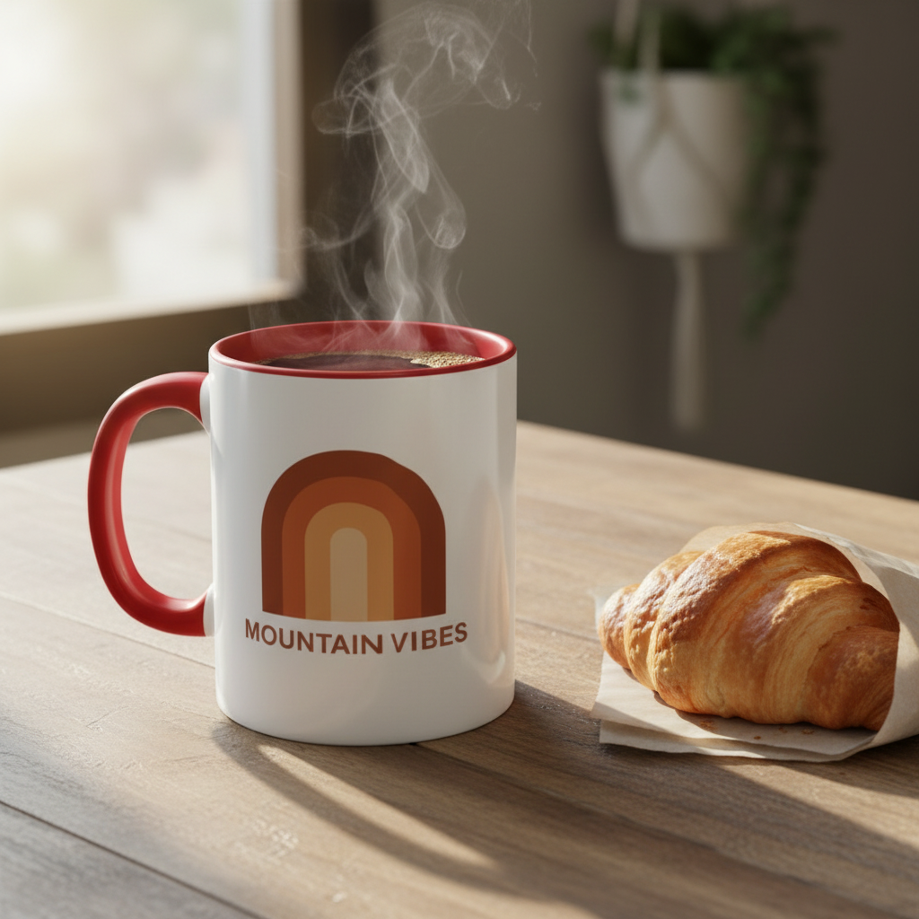 Mountain Vibes ceramic mug with retro rainbow - microwave and dishwasher safe