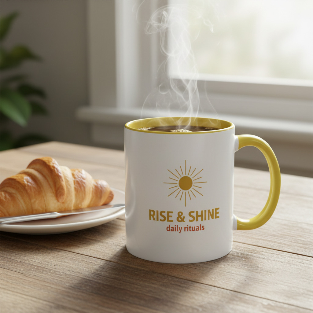 Daily rituals coffee cup with retro sun design - motivational morning mug