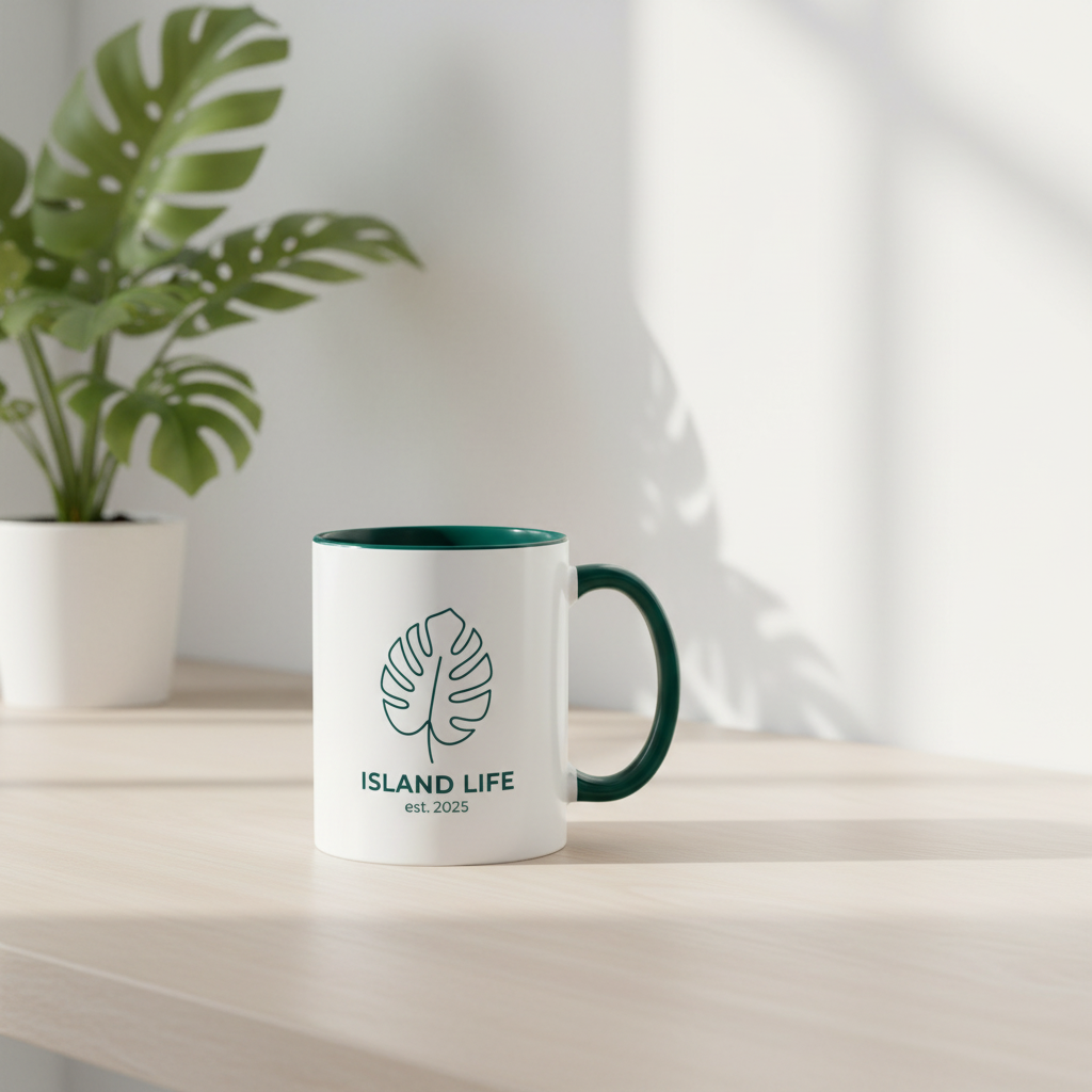 Island Life tropical coffee mug with green monstera leaf design and green handle on white background