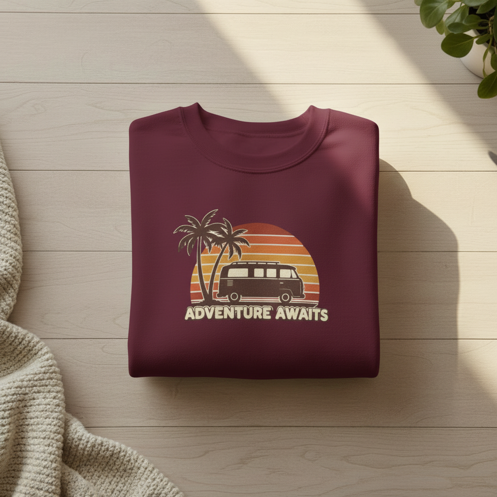 Adventure Awaits Retro Van & Palm Tree Crewneck Sweatshirt