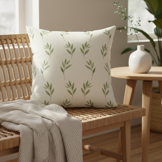 Olive branch pillow on rattan bench with cream throw - sage green botanical home decor