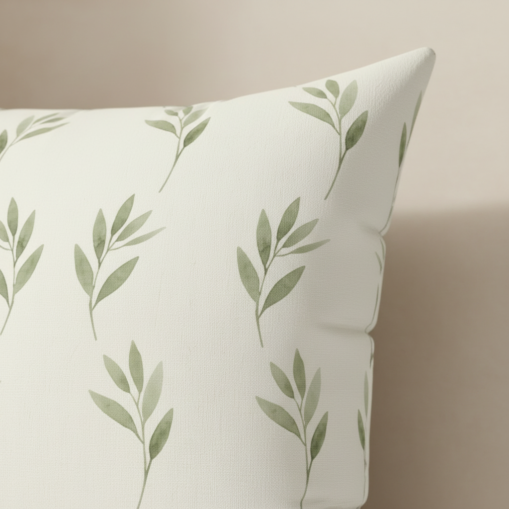 Close-up watercolor olive branch pattern on sage green throw pillow - botanical leaf design