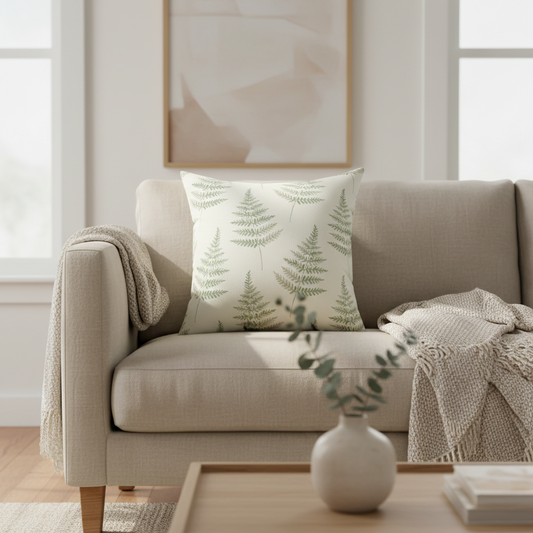 Sage green fern botanical throw pillow on beige sofa - 18x18 decorative pillow for living room
