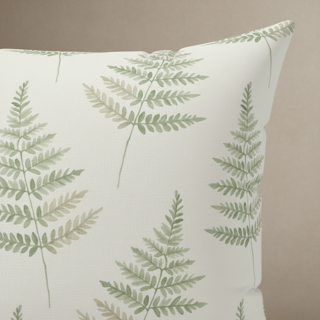 Close-up watercolor fern pattern on sage green throw pillow - botanical leaf design