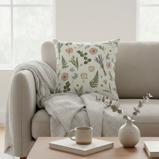 Lifestyle scene - pillow on beige armchair with coffee table and mug
