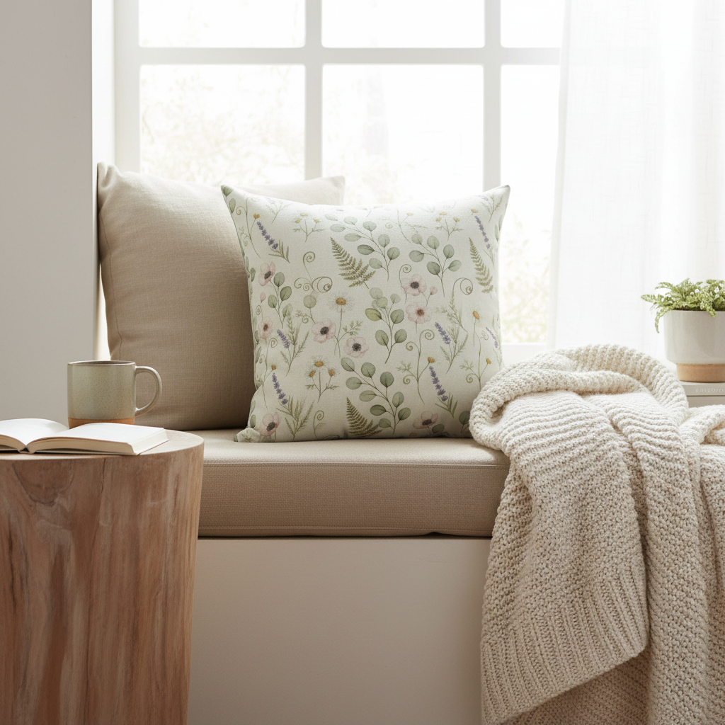 Cream botanical pillow with whimsical fern pattern on sofa in bright living room - natural home accent