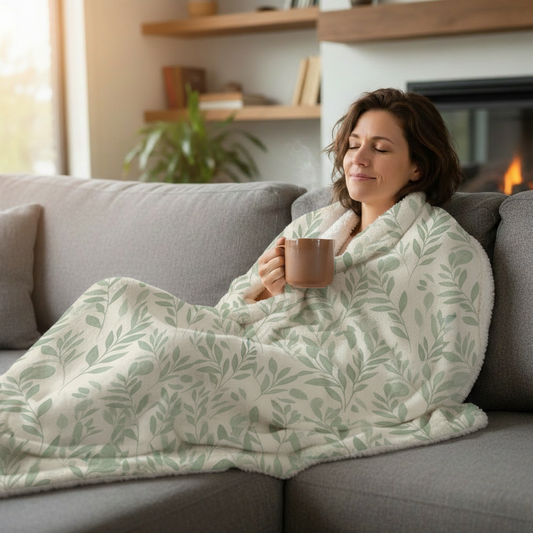 Woman relaxing with botanical minky blanket and coffee
