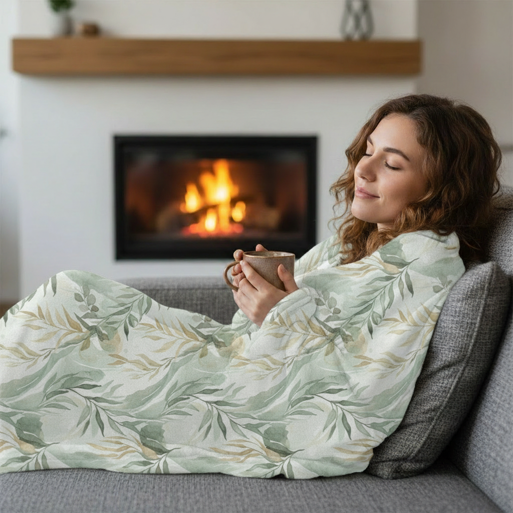 Woman relaxing on sofa wrapped in plush eucalyptus minky blanket holding mug by fireplace