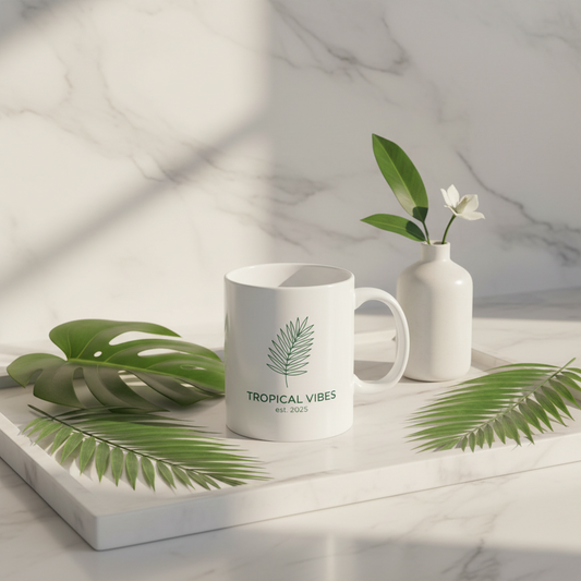 Tropical Vibes ceramic mug with palm leaf illustration on marble tray with fresh greenery and minimalist decor