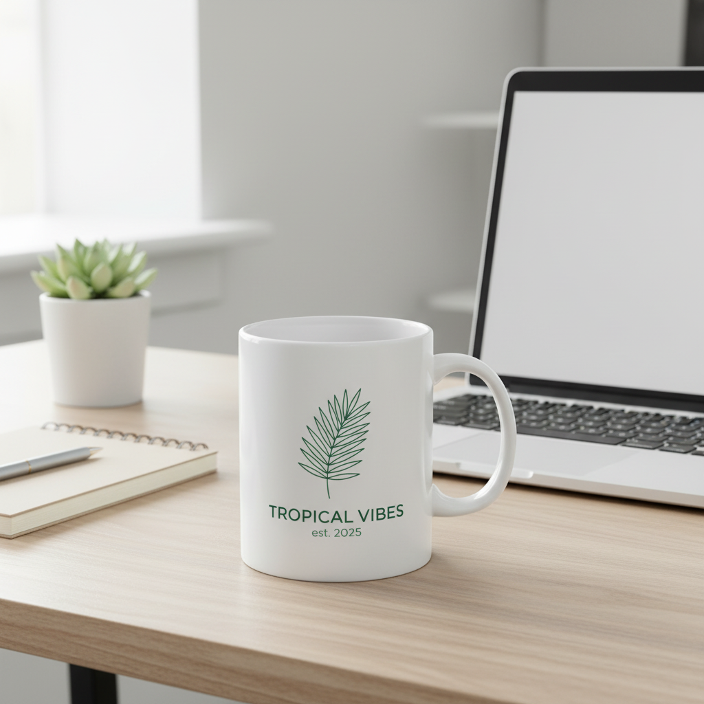 Tropical Vibes palm leaf mug on modern desk workspace next to laptop and succulent plant - nature inspired coffee cup