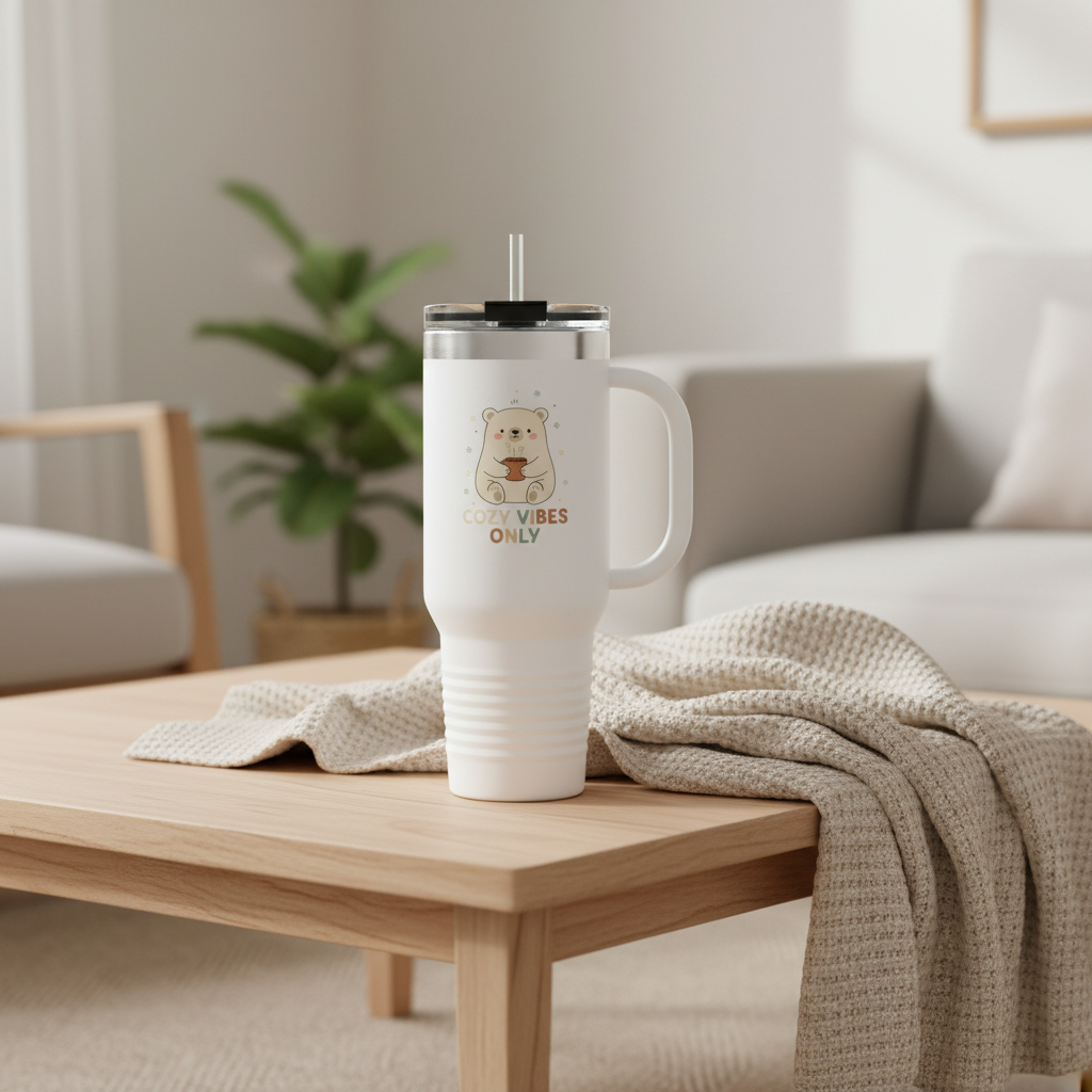40oz white thermal tumbler with polar bear design on coffee table with cozy blanket