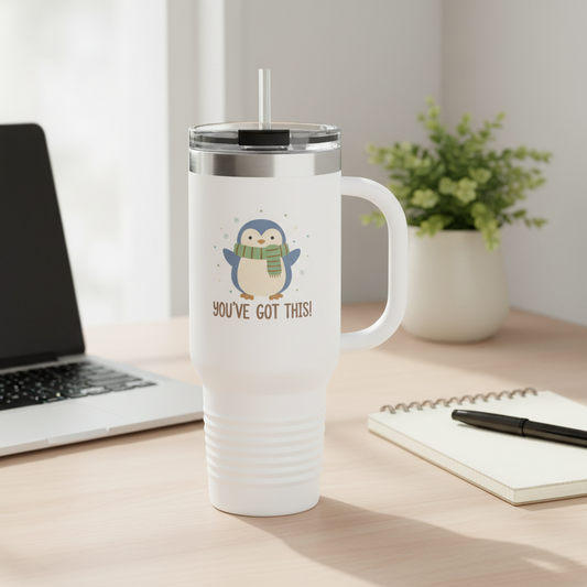 You've Got This penguin tumbler on wooden desk next to laptop - motivational work essential