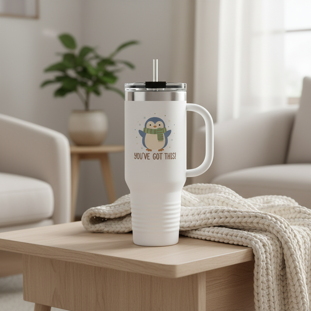 40oz white thermal tumbler with penguin design on coffee table with cozy blanket