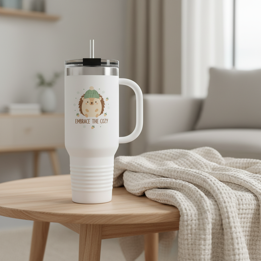 40oz white thermal tumbler with hedgehog design on coffee table with cozy blanket