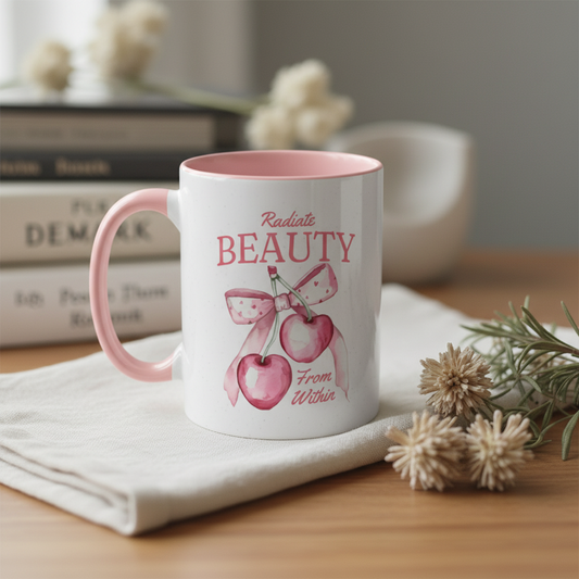 Radiate Beauty Cherry Accent Coffee Mug — 'Radiate Beauty From Within' 11/15oz