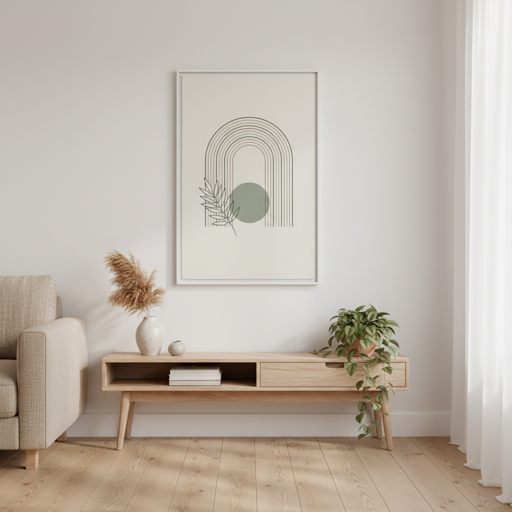 Modern botanical arch wall art poster in minimalist living room with neutral decor and plants