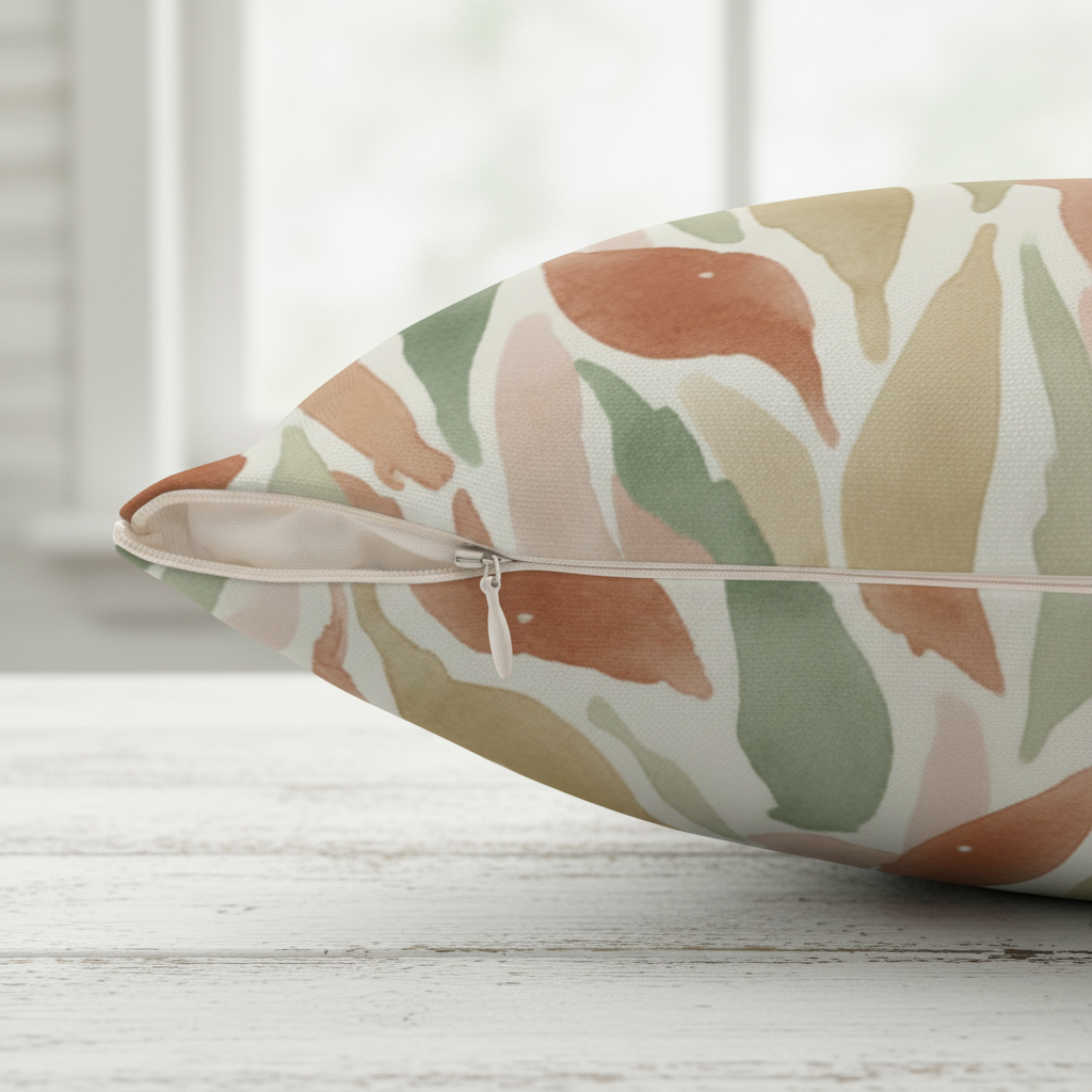 Close-up detail of abstract watercolor throw pillow showing terracotta and sage organic pattern