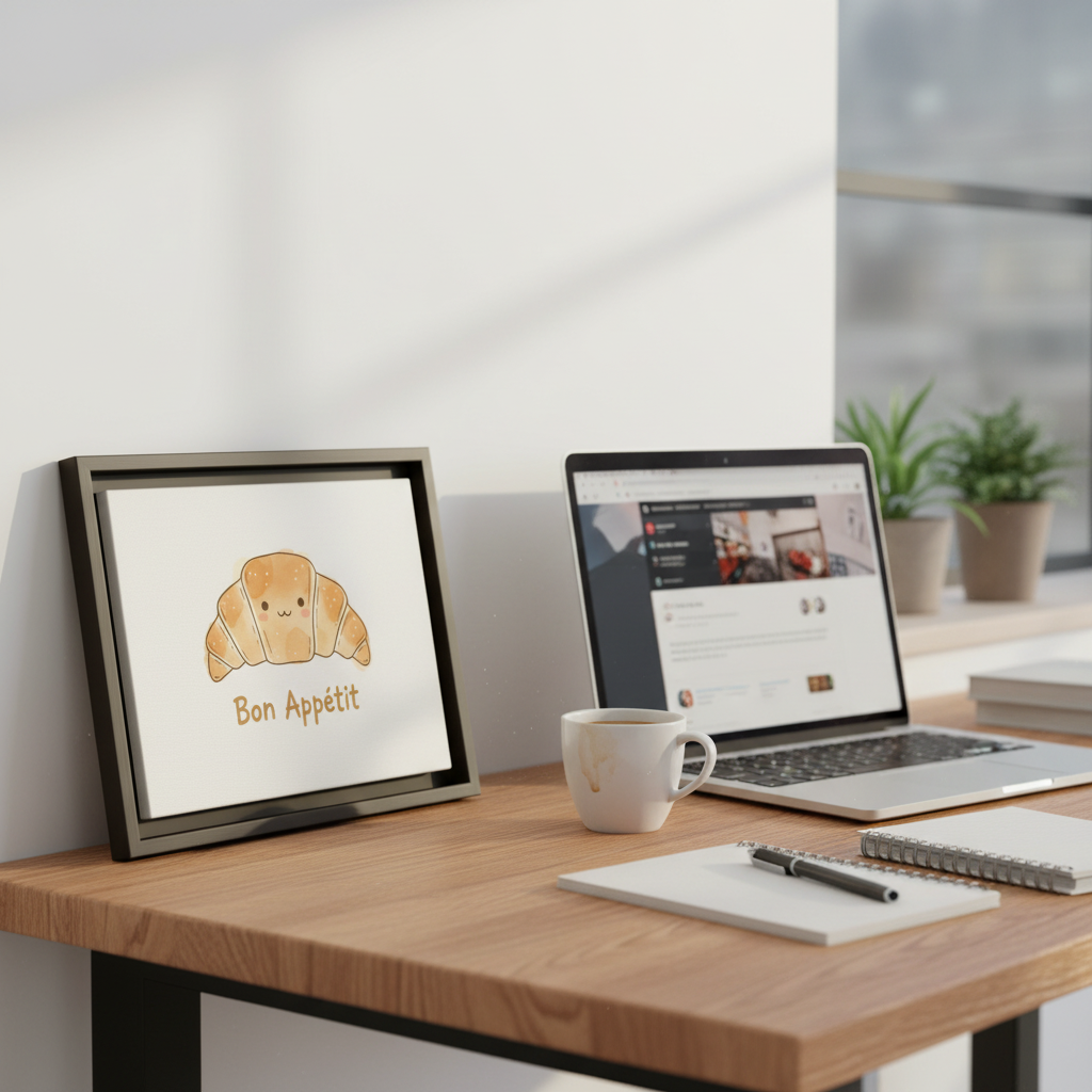 Kawaii croissant canvas art on work desk with laptop and coffee mug
