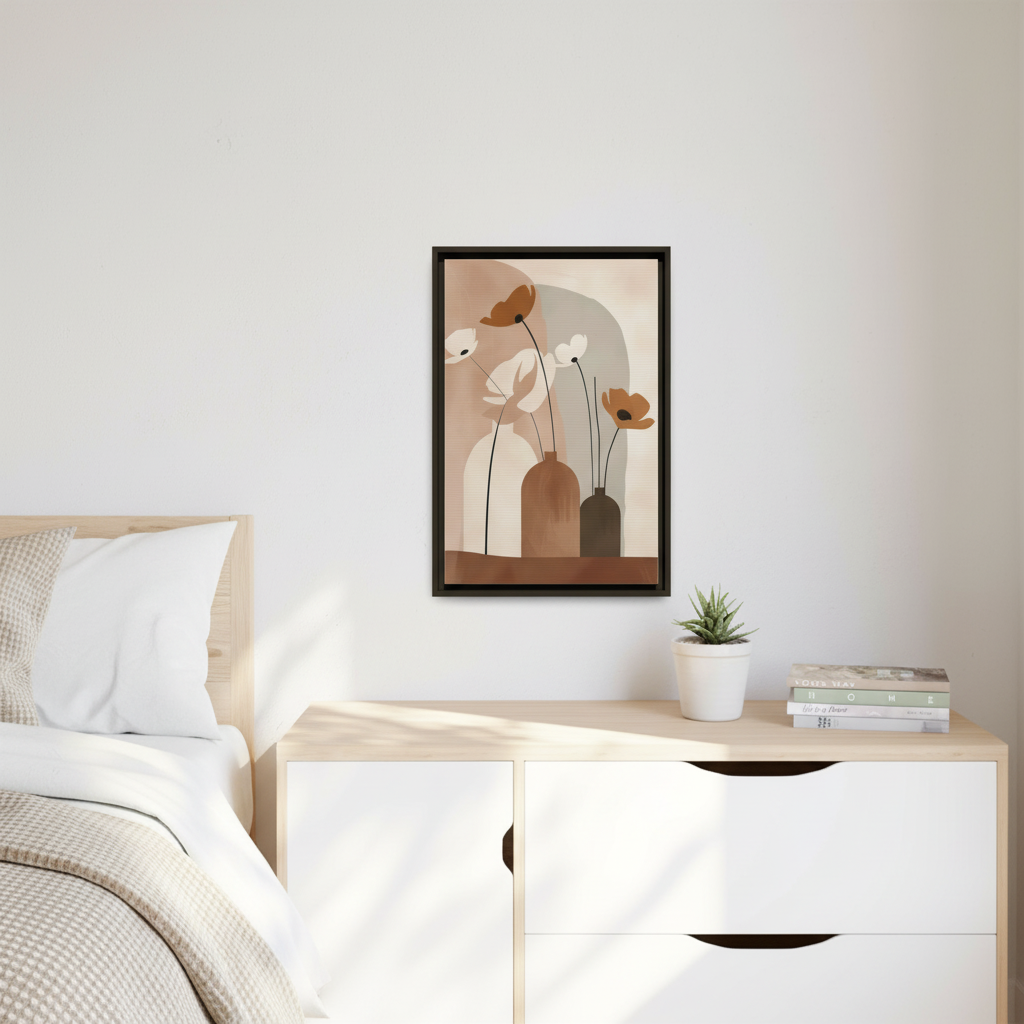 Modern botanical canvas art with poppy vases displayed above white dresser in serene bedroom - neutral wall decor