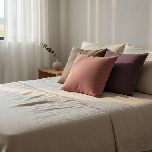 Three piece neutral pillow bundle in blush pink, taupe, and mauve purple styled on cream bed for bedroom decor