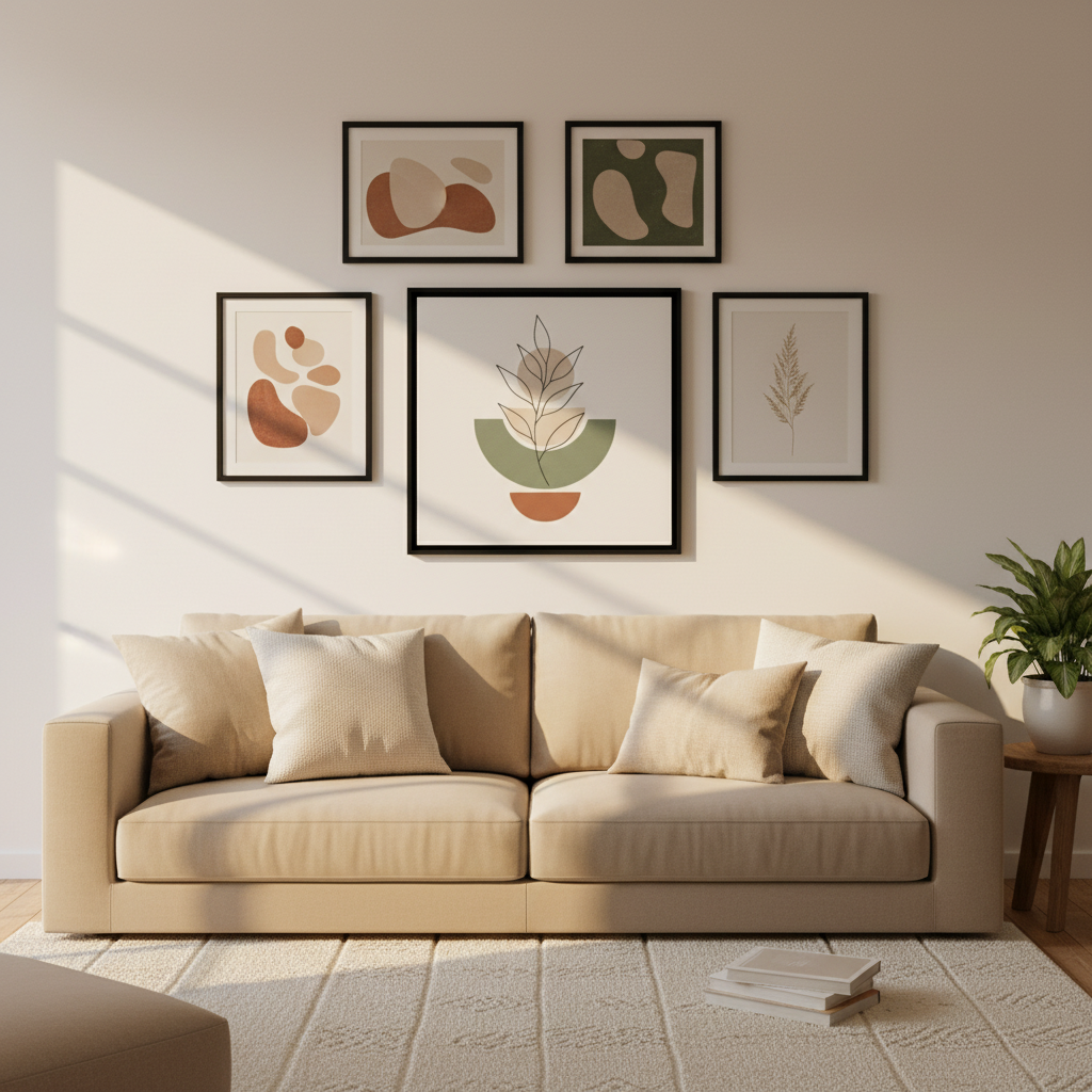 Minimalist botanical poster in gallery wall arrangement above beige sofa in modern living room