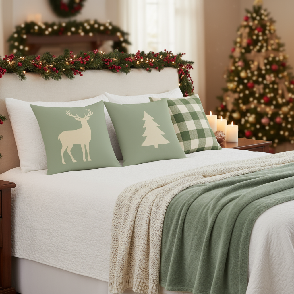 Sage Green Christmas Pillow Set - 3 Piece Collection (18"×18")