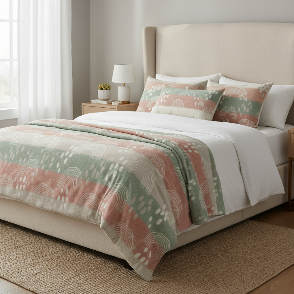 Neatly made bed with patterned bedding in a bedroom setting