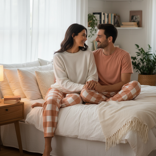 Couple sitting on bed in matching peach gingham pajama pants - comfortable sleepwear for couples