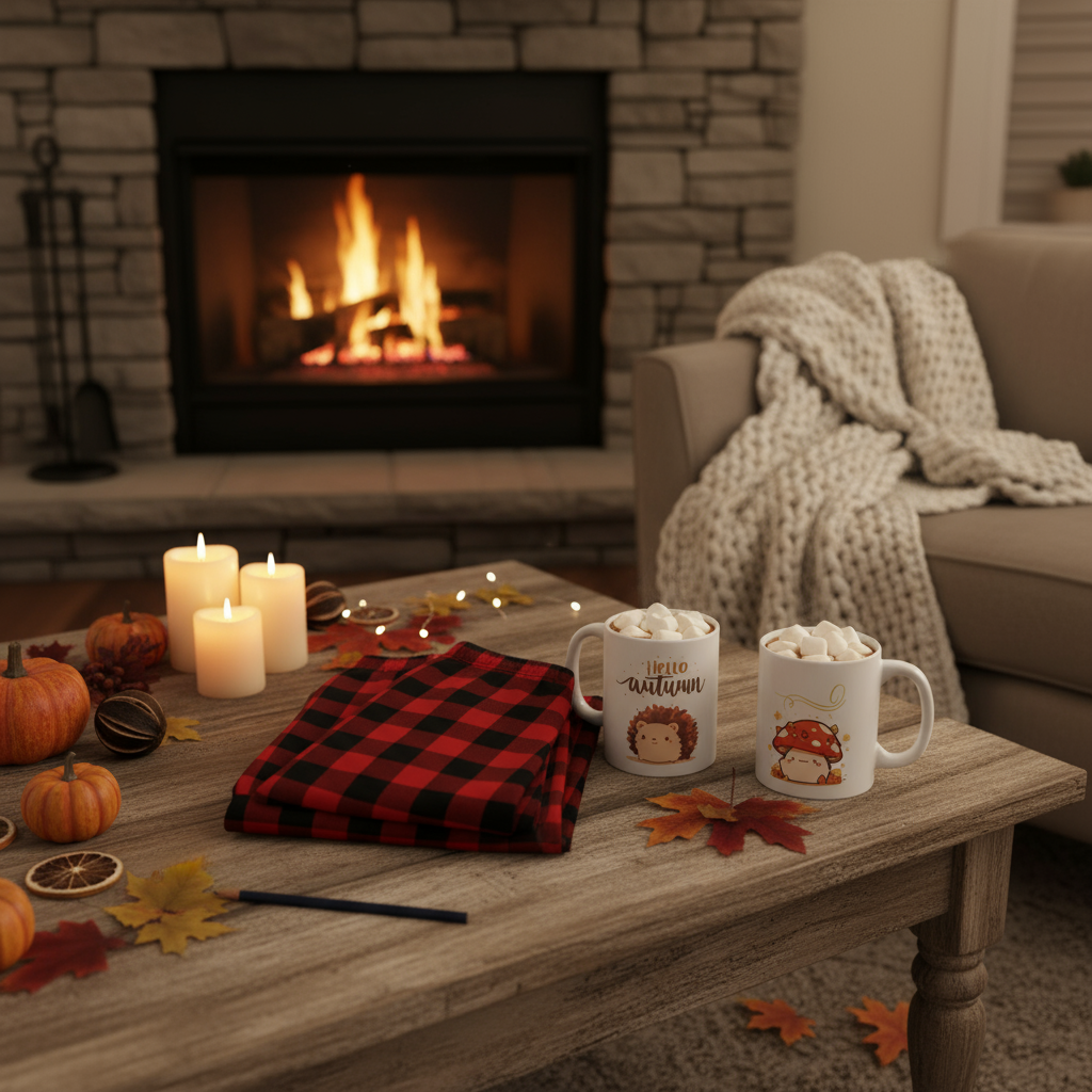 Buffalo Check Couples Bundle - Matching Pajamas & Autumn Mugs Set
