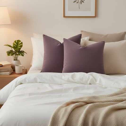 Purple decorative throw pillows 26x26 on white bedding in modern bedroom with neutral decor