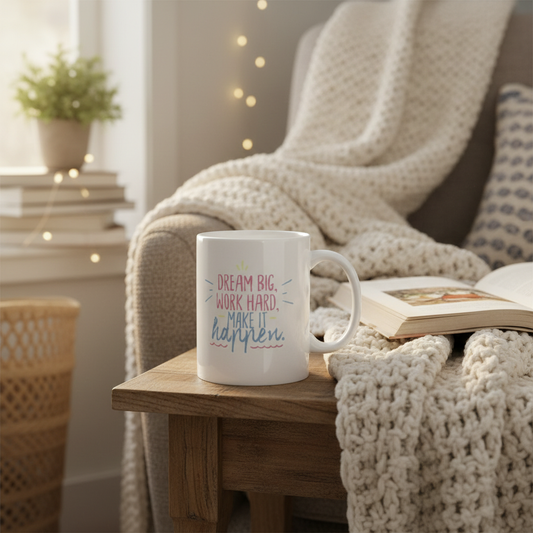 Inspirational coffee mug on living room table - Dream Big motivational quote ceramic cup cozy home setting