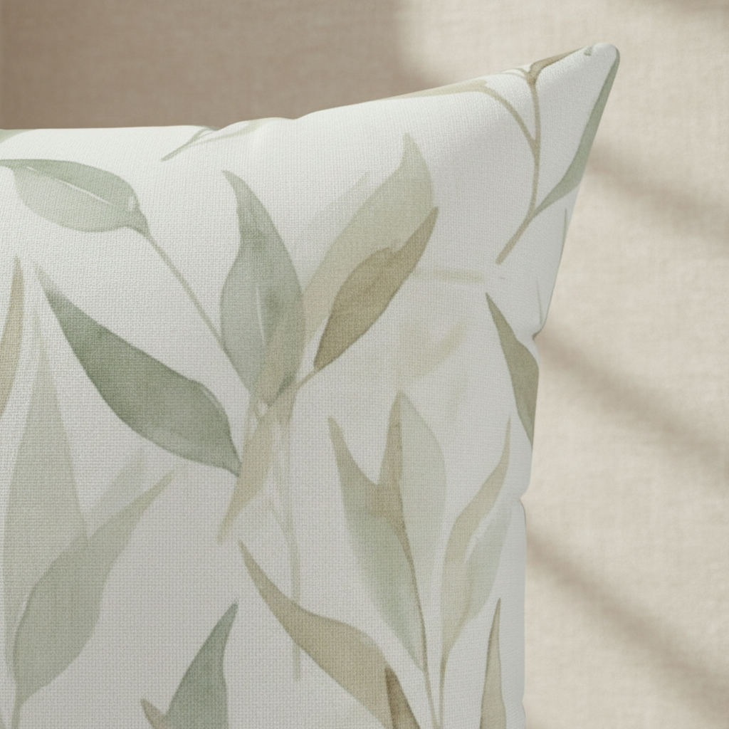 Close-up of eucalyptus leaf pattern on sage green decorative pillow - watercolor botanical design
