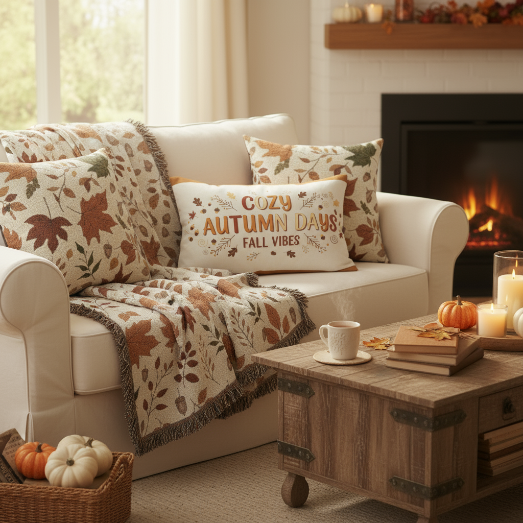 Cozy living room with a fireplace, autumn-themed decor, and a 'Cozy Autumn Days' pillow.