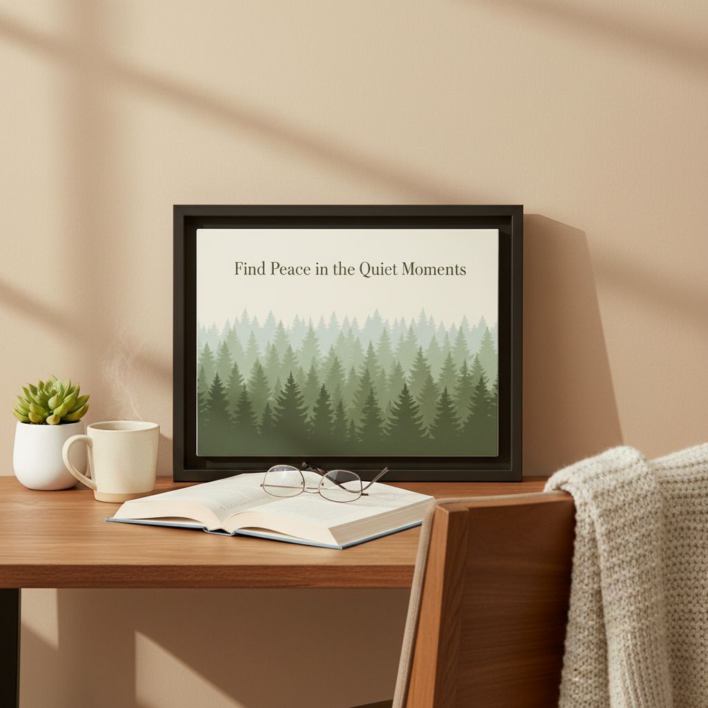 Serene forest canvas print styled on bedroom nightstand with plant and cozy home decor