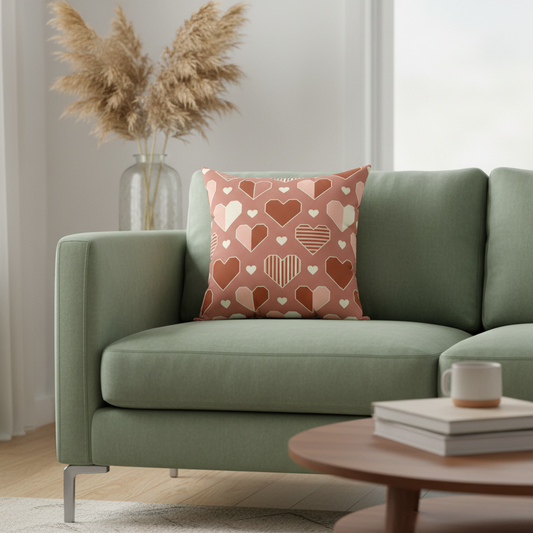 Geometric hearts decorative pillow styled on sage green sofa - modern Valentine's home decor