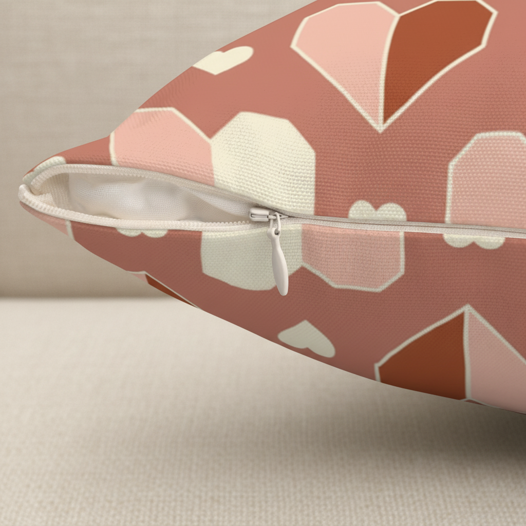 Geometric hearts pillow zipper detail showing quality craftsmanship - premium throw pillow