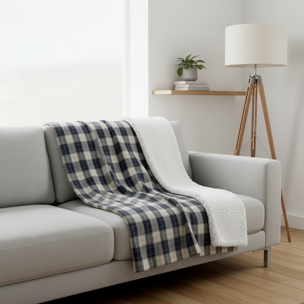 Navy plaid sherpa blanket draped over gray sofa in cozy living room