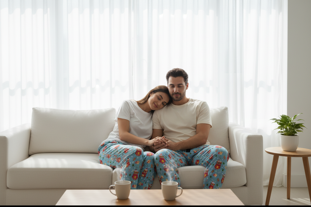 Man and woman in matching Christmas bear pajama pants by window - coordinating couple's lounge set