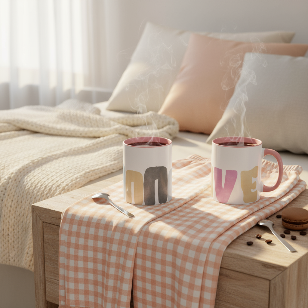 Close up of peach checkered pajamas and ceramic mugs bundle set for couples - matching sleepwear gift