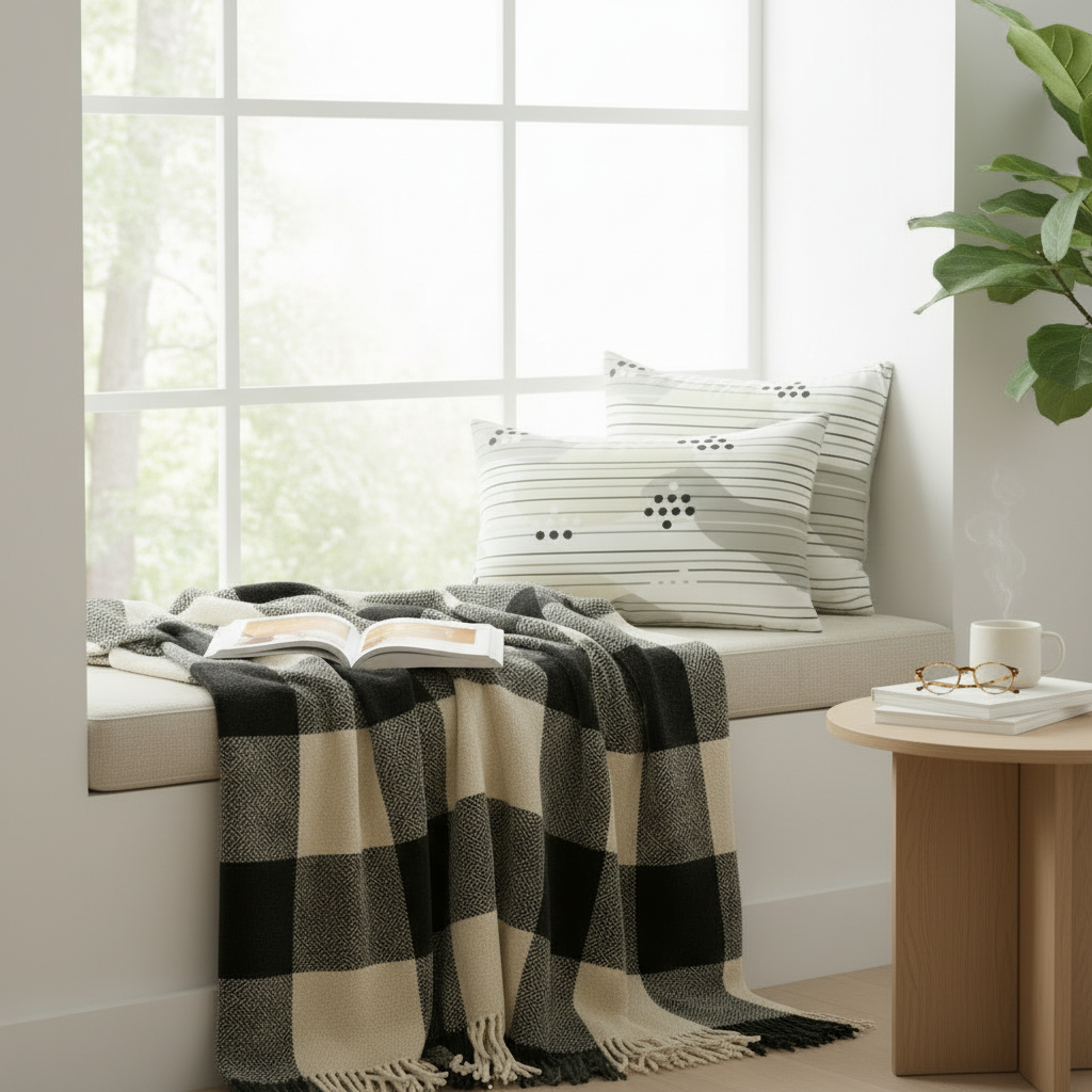 Monochrome throw blanket and striped pillows styled on white bedding - minimalist bedroom bundl