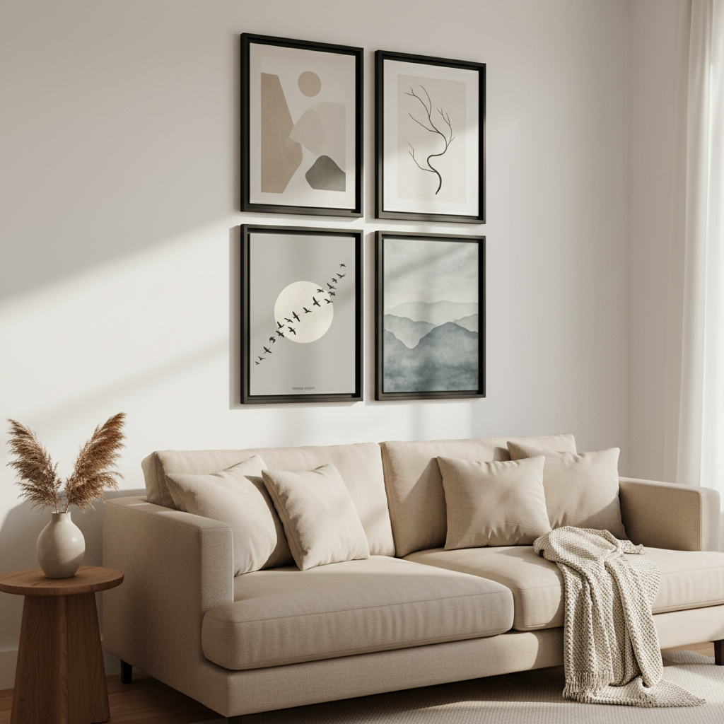 Moon and birds framed poster in gallery wall arrangement above beige sofa in modern living room