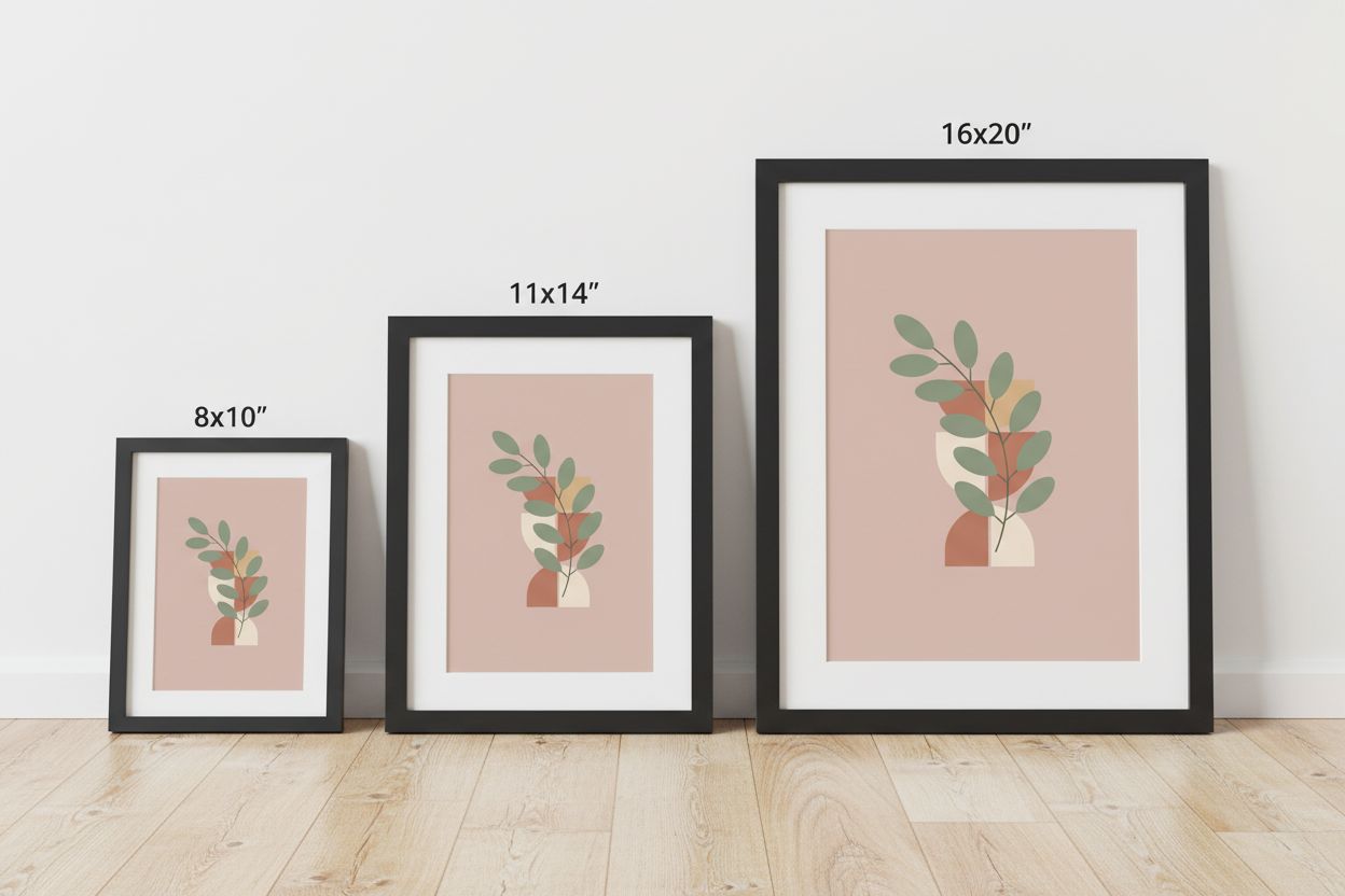 Eucalyptus vase poster size comparison 8x10 11x14 16x20 black frames botanical wall art