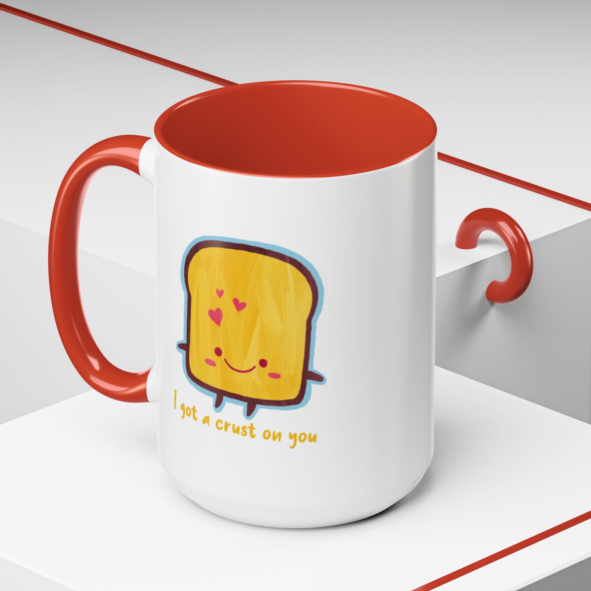 Cute toast coffee mug with red interior - funny smiling toast design gift 15oz
