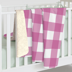 Cozy Pink Gingham Sherpa Fleece Blanket, Soft Throw Blanket