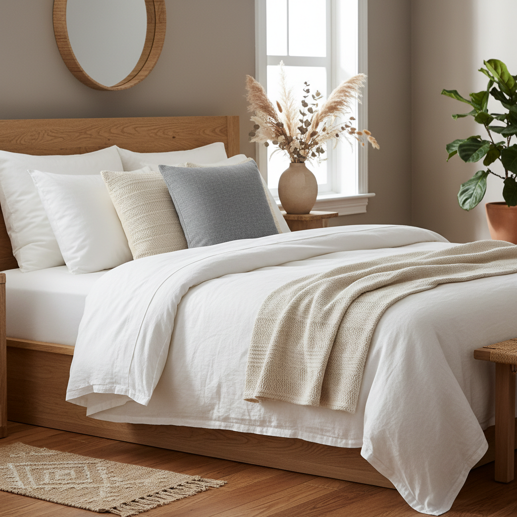 18x18 pillow on bed with botanicals