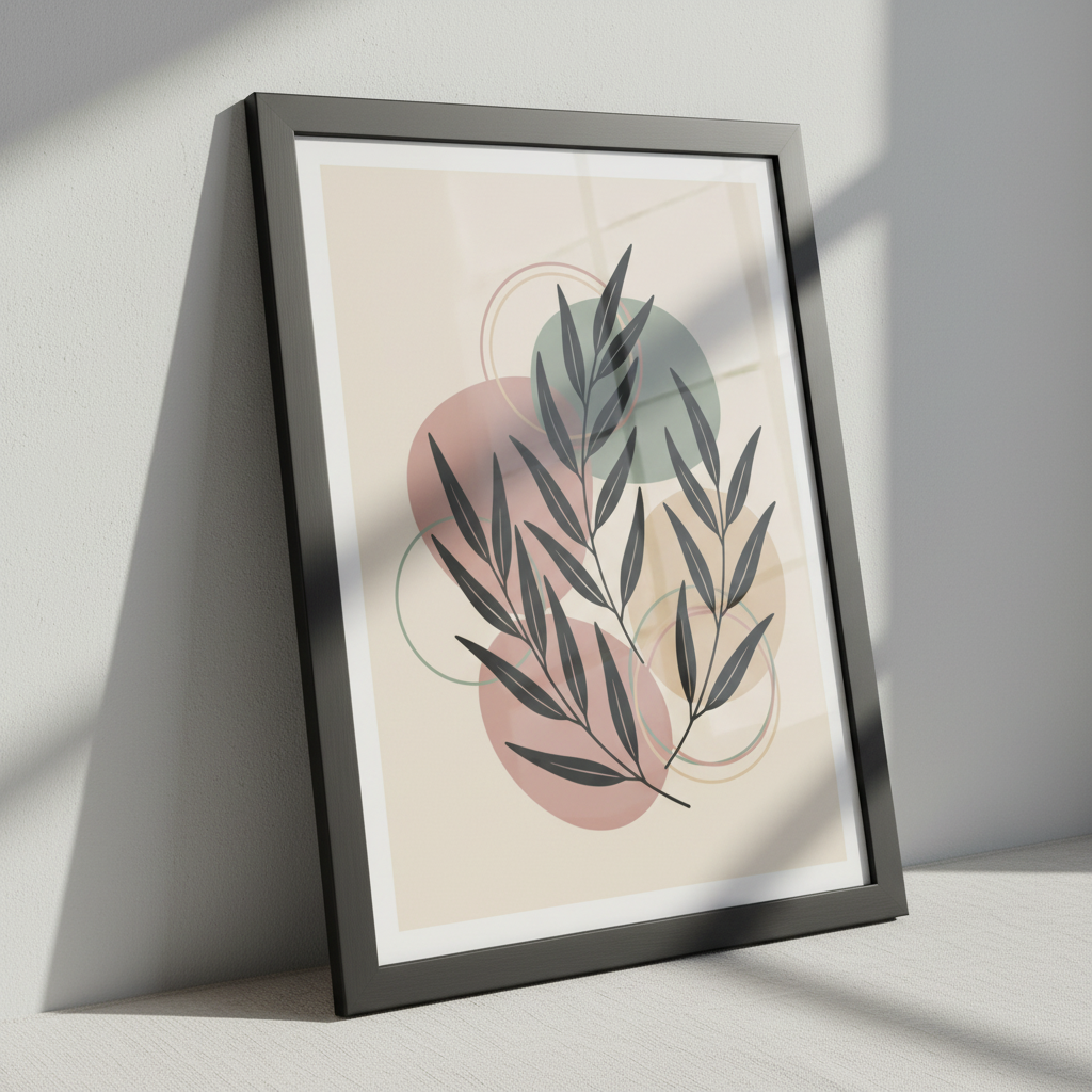 Side view of framed eucalyptus leaf art print showing black frame depth and dimension