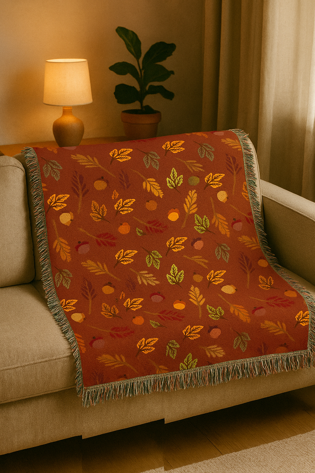 Decorative blanket with autumn leaf pattern on a couch in a cozy room.