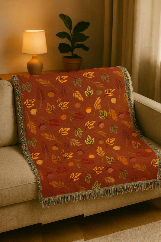 Decorative blanket with autumn leaf pattern on a couch in a cozy room.